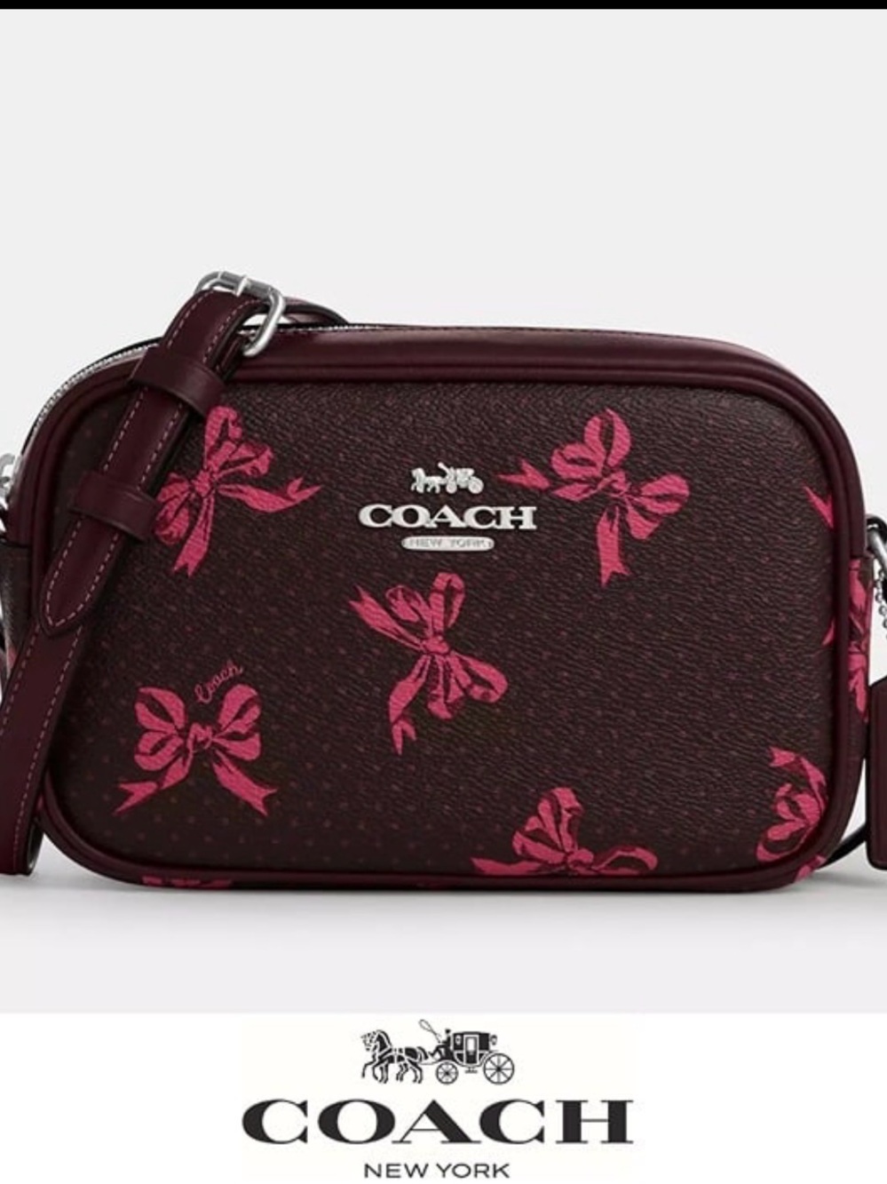 NEW Coach Mini Jamie Burgundy Crossbody Bag with Pink Bow Print